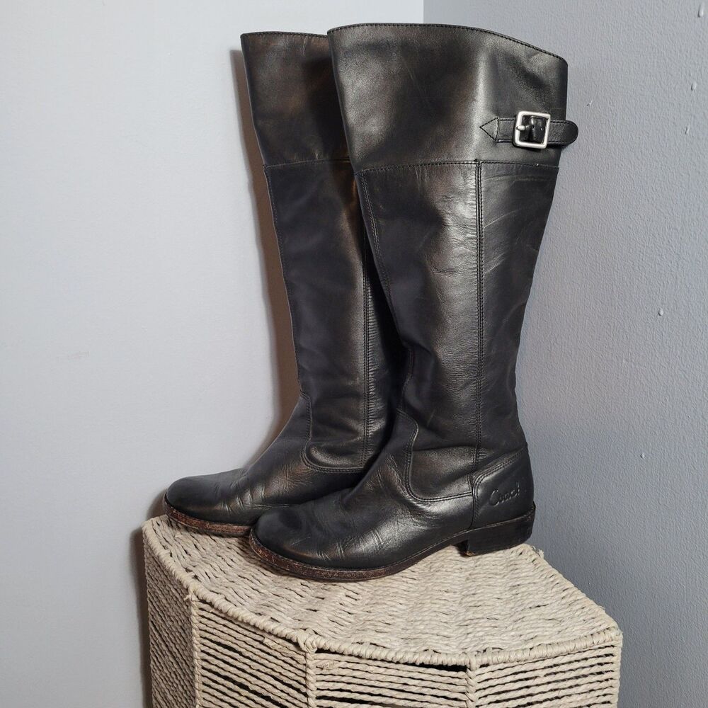 Coach Joele Knee High Tall Riding Women’s Black Leather Pull on Boots Size 8B